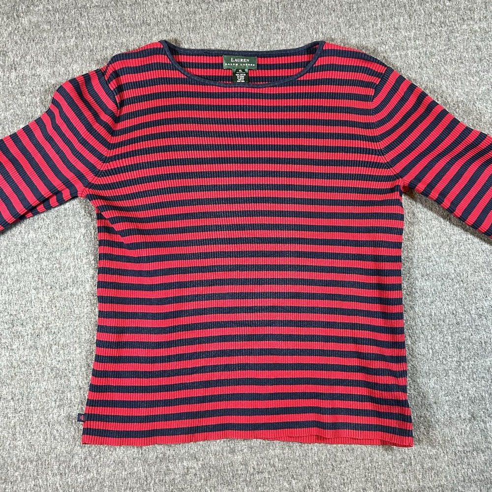 Vintage Lauren Ralph Lauren Blue Red Striped Sweater Shirt Womens "XL" Shrunk L‎
